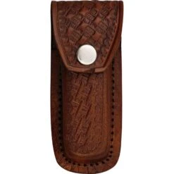 Sheath SH1092 Folding Knife Belt Sheath With Dark Brown Leather Embossed Basketweave Design