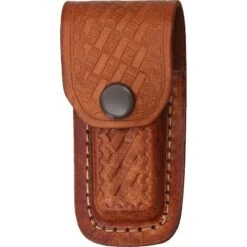 Sheath 1130 Folding Knife With Dark Brown Leather Embossed Basketweave Design