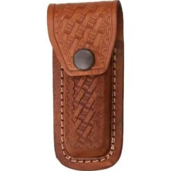 Sheath 1131 Folding Knife With Dark Brown Leather Embossed Basketweave Design